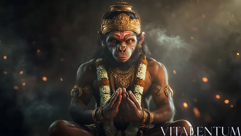 Ember-lit monkey warrior in divine garlands at prayerful rest.