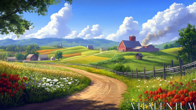 Sunlit country road winding through cozy patchwork farms.