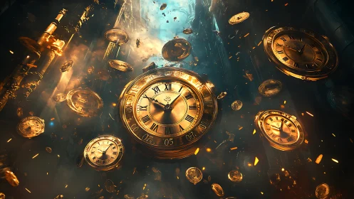 Gilded clocks drift through a glowing cathedral of time.