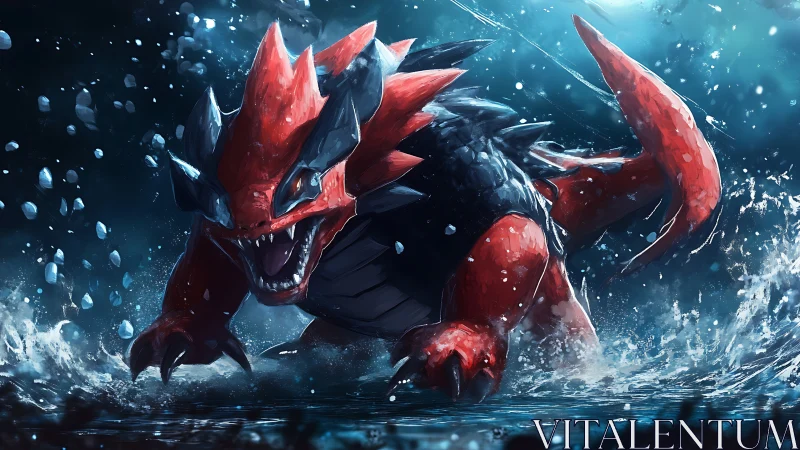 Red aquatic reptilian creature lunging through shallow water.