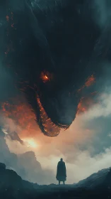 Giant fiery dragon looms above lone cloaked figure in mist