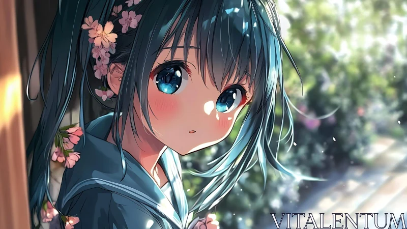 Chromatic anime portrait with floral hair accents in bokeh light.