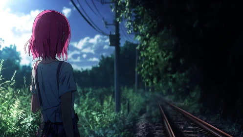 Anime twilight rail scene with solitary pink haired figure.