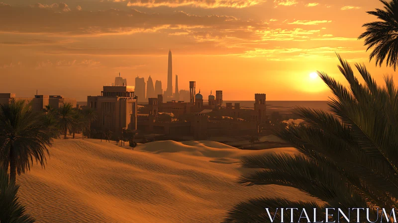 Desert city skyline under orange sunset light.