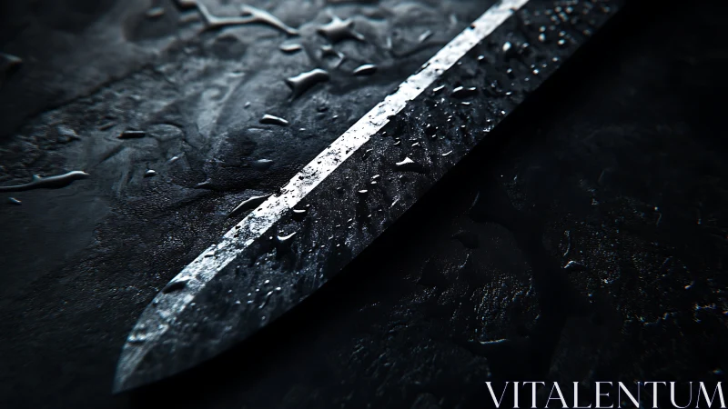 Gleaming steel blade rests in shadow with scattered waterdrops