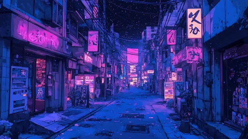 Neon lit urban alley at night in stylized blue and pink.