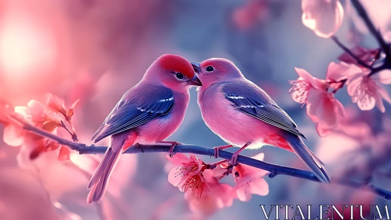 Two pink and blue birds face each other on flowering branch