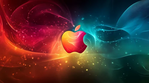 Glowing apple emblem floats amid vivid cosmic light trails.