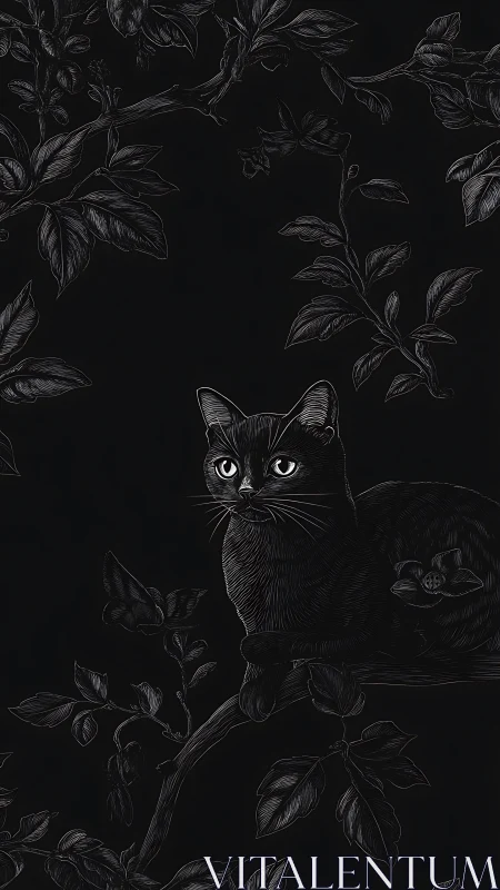 Black cat perched on branch with foliage surround.