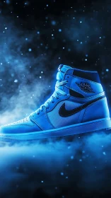 High-top basketball sneaker in blue neon fog with bokeh field