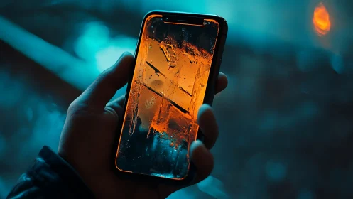 Smartphone in hand with wet reflective screen at night.