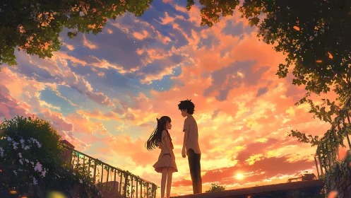 Two anime lovers share a quiet moment under a burning sunset