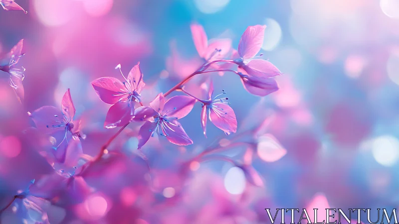 Pink Petals Against Blue Bokeh Background.