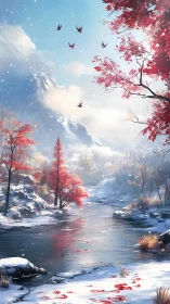 Transitional alpine river with autumn chroma under fresh snowfall.