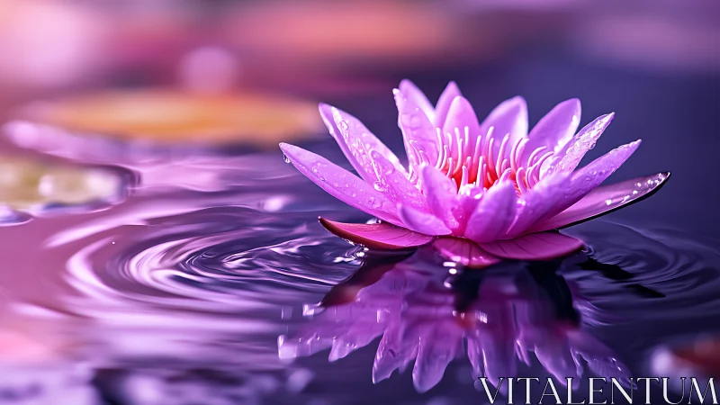 Gentle pink water lily opens quietly over rippling reflections