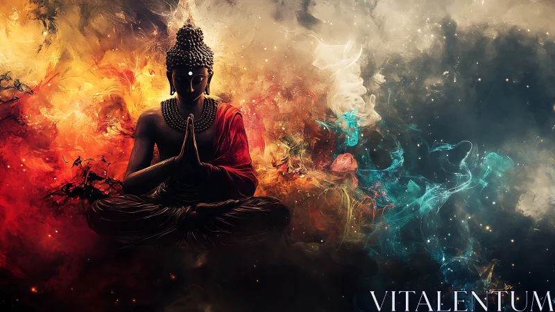 Digital painting of meditative Buddha in cosmic smoke field.