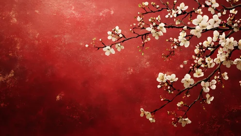 White blossom branches on textured red background surface.
