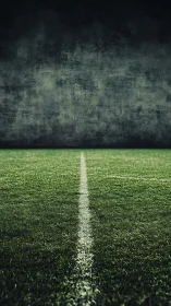 Straight sideline on green sports field under dark sky.