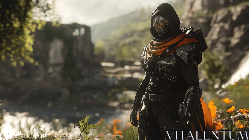 Hooded exosuit wanderer in sunlit wildflower ruins landscape.