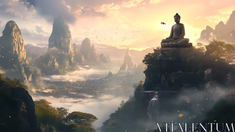 Mountain landscape with large Buddha statue at sunrise.