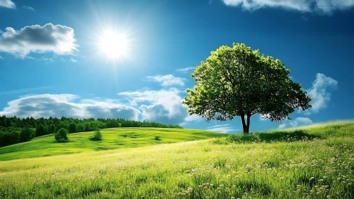 Solitary tree on luminous hillside under vibrant midday sun.
