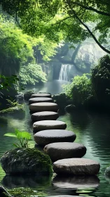 Stone path crosses tranquil forest pool toward waterfall.