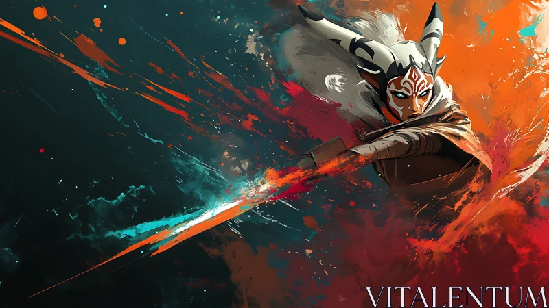 Dual-tone warrior lunges through explosive paint vortex.