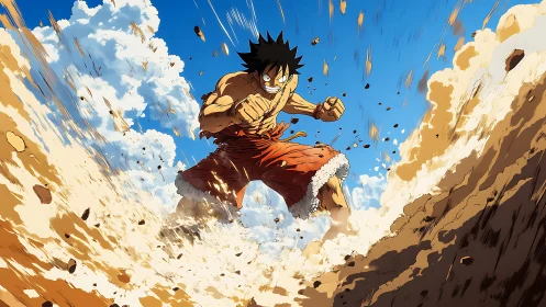 Anime fighter impacts sandy terrain under clear daytime sky