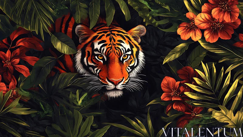 Chromatic tiger portrait embedded in dense tropical foliage.