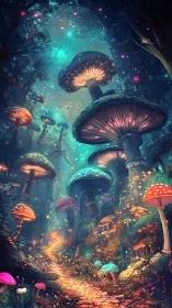 Bioluminescent fantasy forest with towering neon mushrooms at dusk