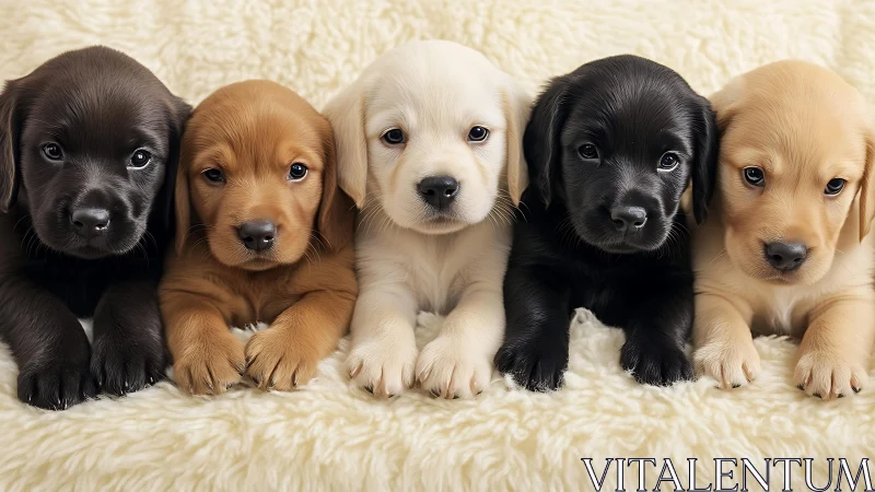 Five cuddly puppies share a cozy moment on a soft blanket