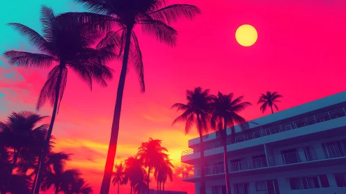 Neon palm skyline glows over a modern coastal apartment
