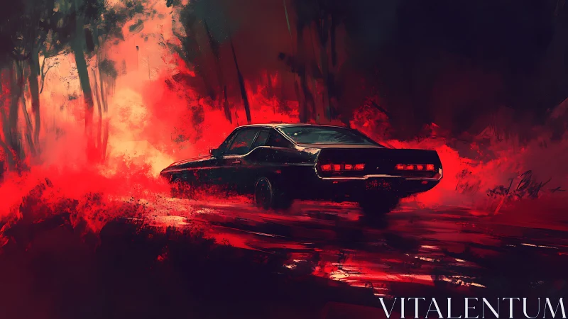 Midnight muscle car slicing through infernal red storm.