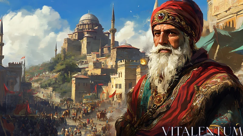Digital painting of Ottoman dignitary before grand citadel.