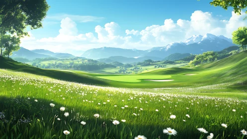 Radiant alpine golf valley with daisied foreground meadow panorama.
