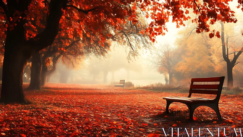 Autumn park bench under fiery maple canopy at sunrise.