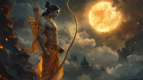 Moonlit warrior prince pauses above ancient temple clouds.