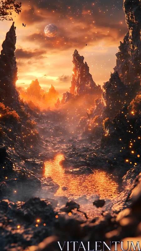 Fiery alien canyon with molten river under glowing sky.