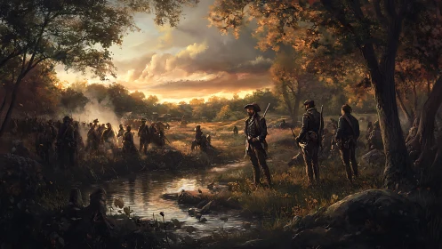 Civil War soldiers encamp beside a creek at autumn sunset.