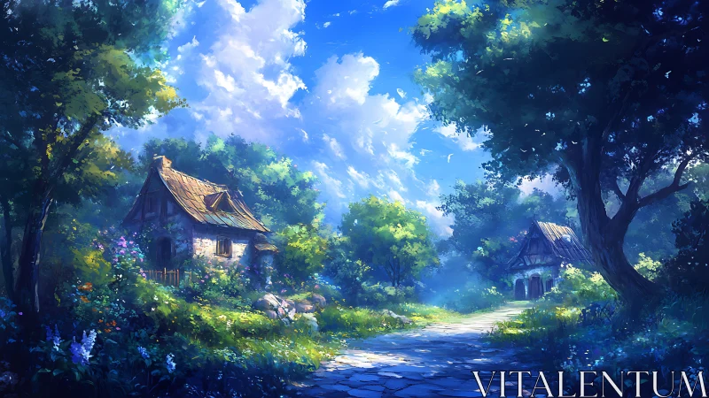 Rural stone cottages are shown along a sunlit forest path