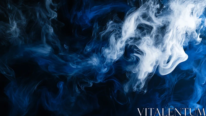 White and blue smoke plumes swirl across a dark background