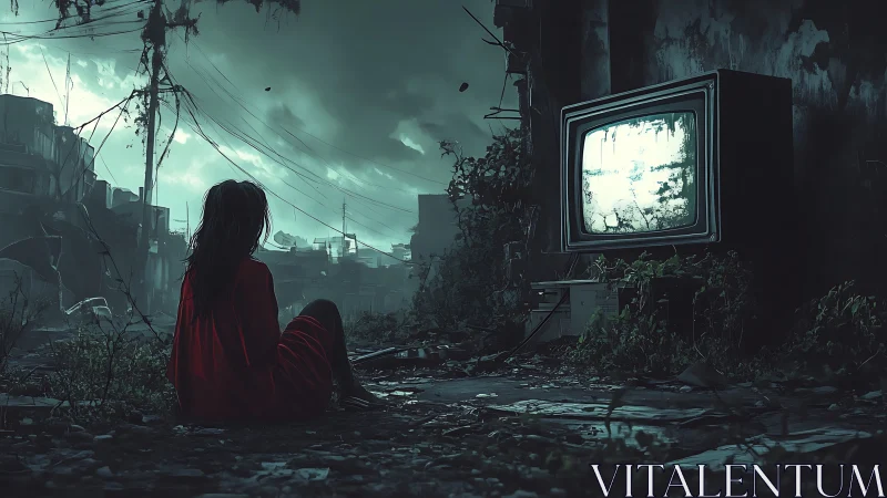 Solitary child in red studies glowing ruin-screen in dusk