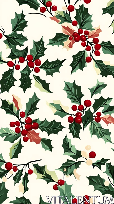 Vector holly foliage and berries form seamless festive repeat pattern