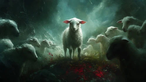 Lone white lamb encircled by flock in moody forest light.