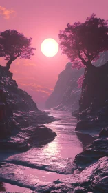 Celestial pink river winds beneath twin dreaming trees.