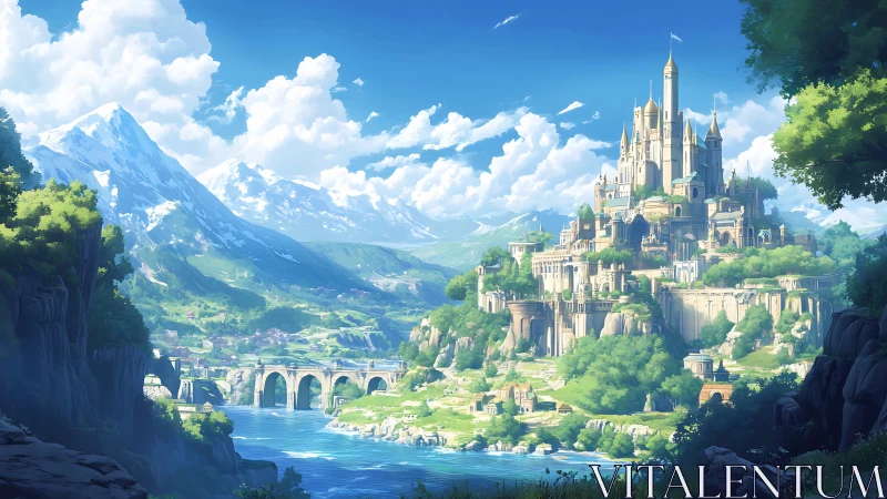 Mountain valley fantasy castle above river landscape.
