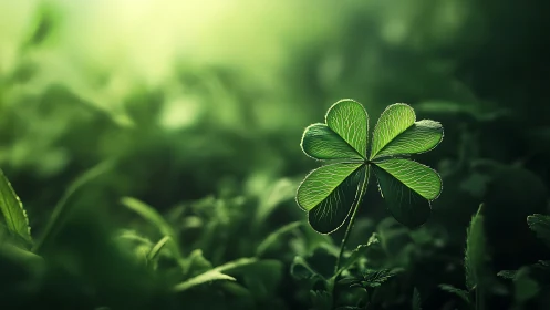Six leaf clover plant in soft focused green environment.