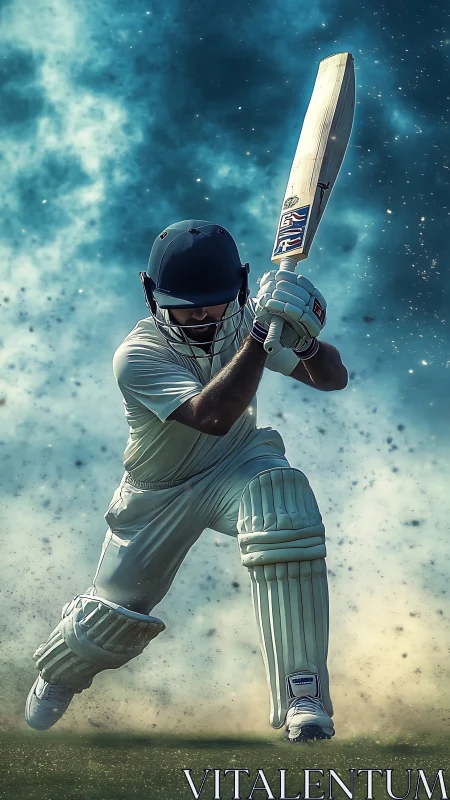 Dynamic cricket batsman captured in mid-drive with granular dust field