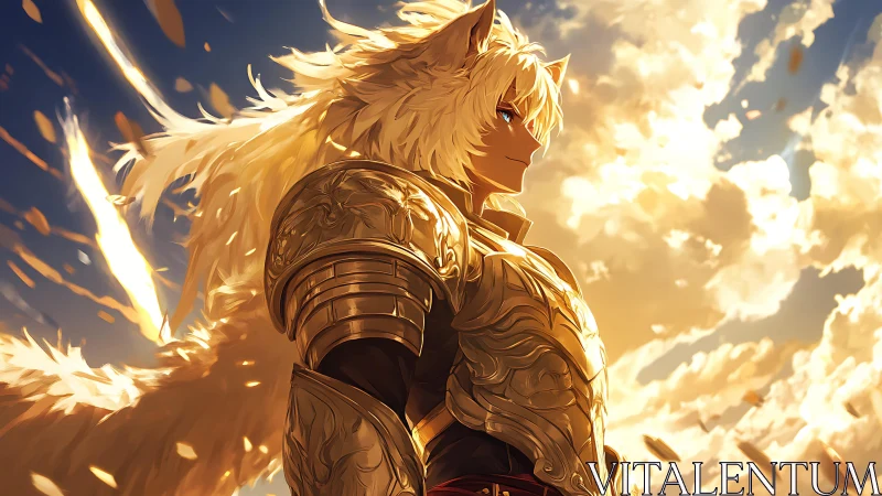 Sunlit wolf-knight pauses as golden clouds crown his vigil