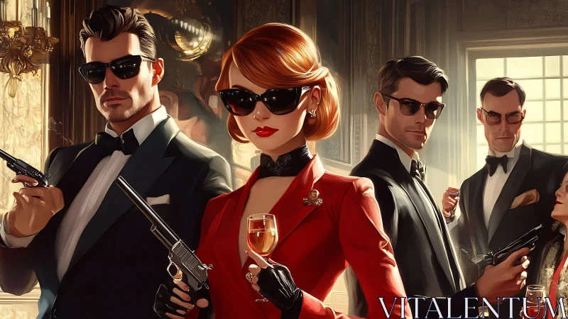 Elegant spy cabal holds silenced pistols in lavish salon.